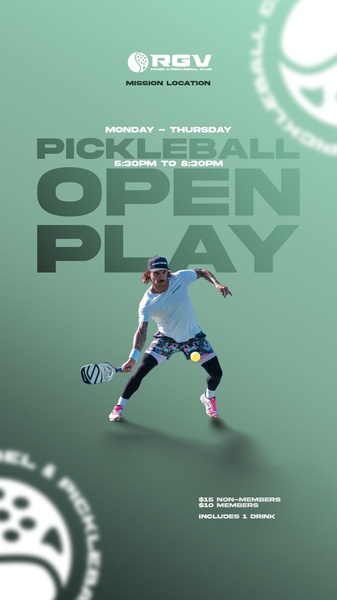 pickleball open play, sports club event, recreational sports session, pickleball session, club open play, sports event ticket, brand awareness, limited time deal, modern typography, lifestyle, energetic, bold, green, neutral